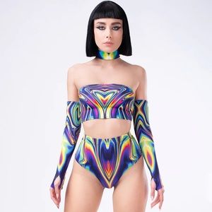 Badinka Jaded Liquid 4 piece Rave Set Top M Bottoms S Gloves S/M
